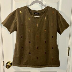 Audrey 3+1 Olive Green Shirt With Gold Crosses Size Medium Never Worn